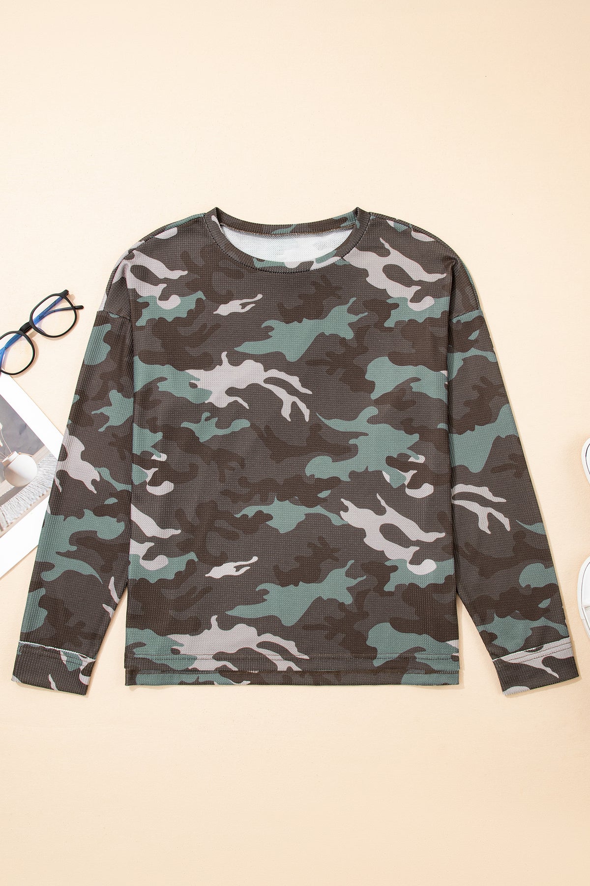 Camouflage Print Textured Drop Shoulder Long Sleeve Top - KaleaBoutique.com