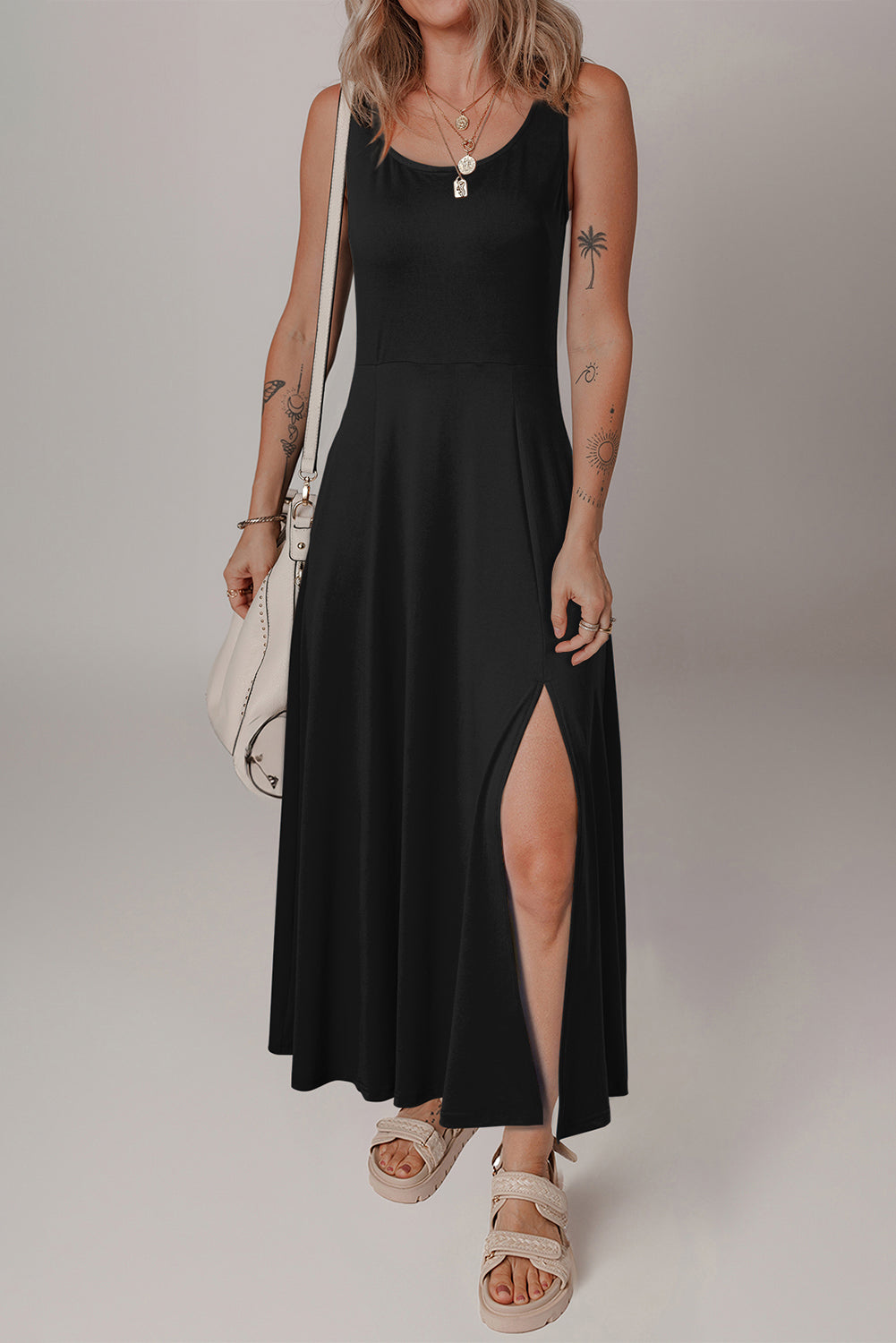 KaleaBoutique Chic Sleeveless Scoop Neck Flared Split Midi Dress - KaleaBoutique.com