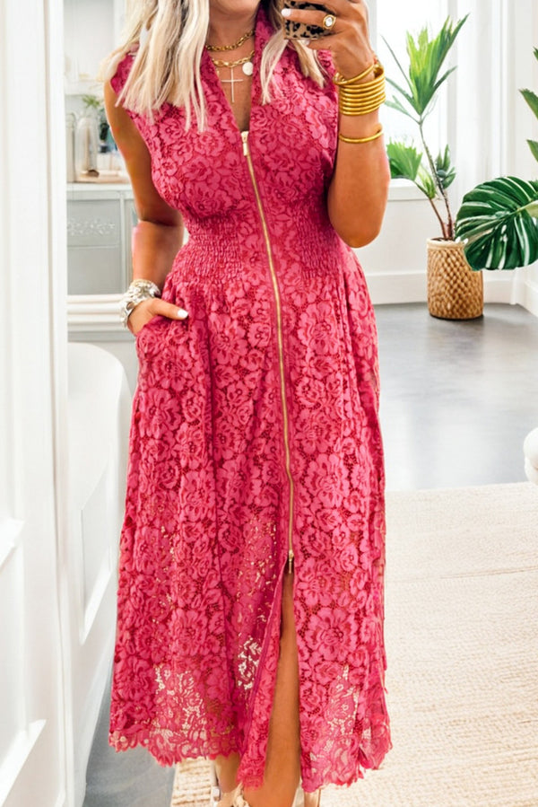 KaleaBoutique Stylish Floral Lace Overlay Zip Up V Neck Smocked Waist Sleeveless Dress - KaleaBoutique.com