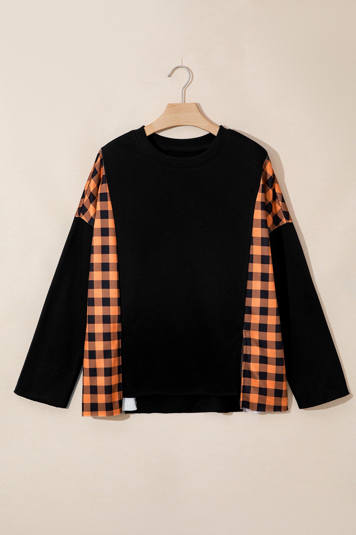 Black Pumpkin Face Appliqué Halloween Top with Orange Plaid Sleeves - KaleaBoutique.com