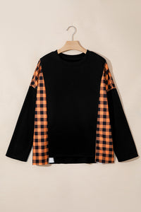 Black Pumpkin Face Appliqué Halloween Top with Orange Plaid Sleeves - KaleaBoutique.com