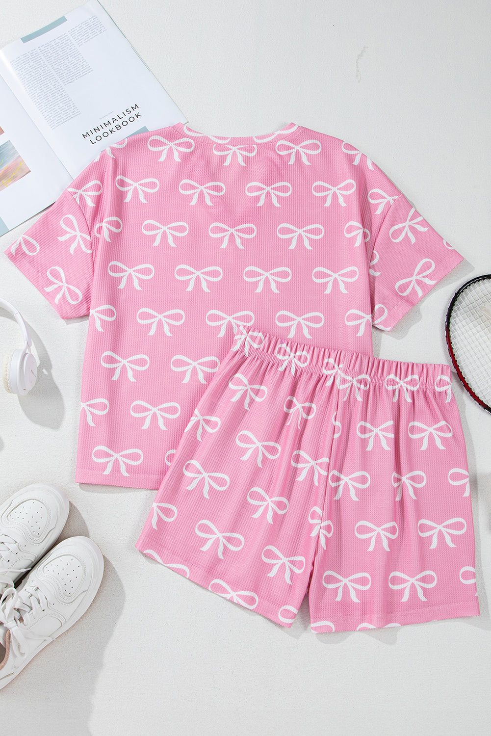 KaleaBoutique Stylish Waffle Knit Bowknot Printed V Neck T Shirt and Shorts Set - KaleaBoutique.com