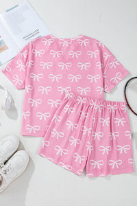 KaleaBoutique Stylish Waffle Knit Bowknot Printed V Neck T Shirt and Shorts Set - KaleaBoutique.com