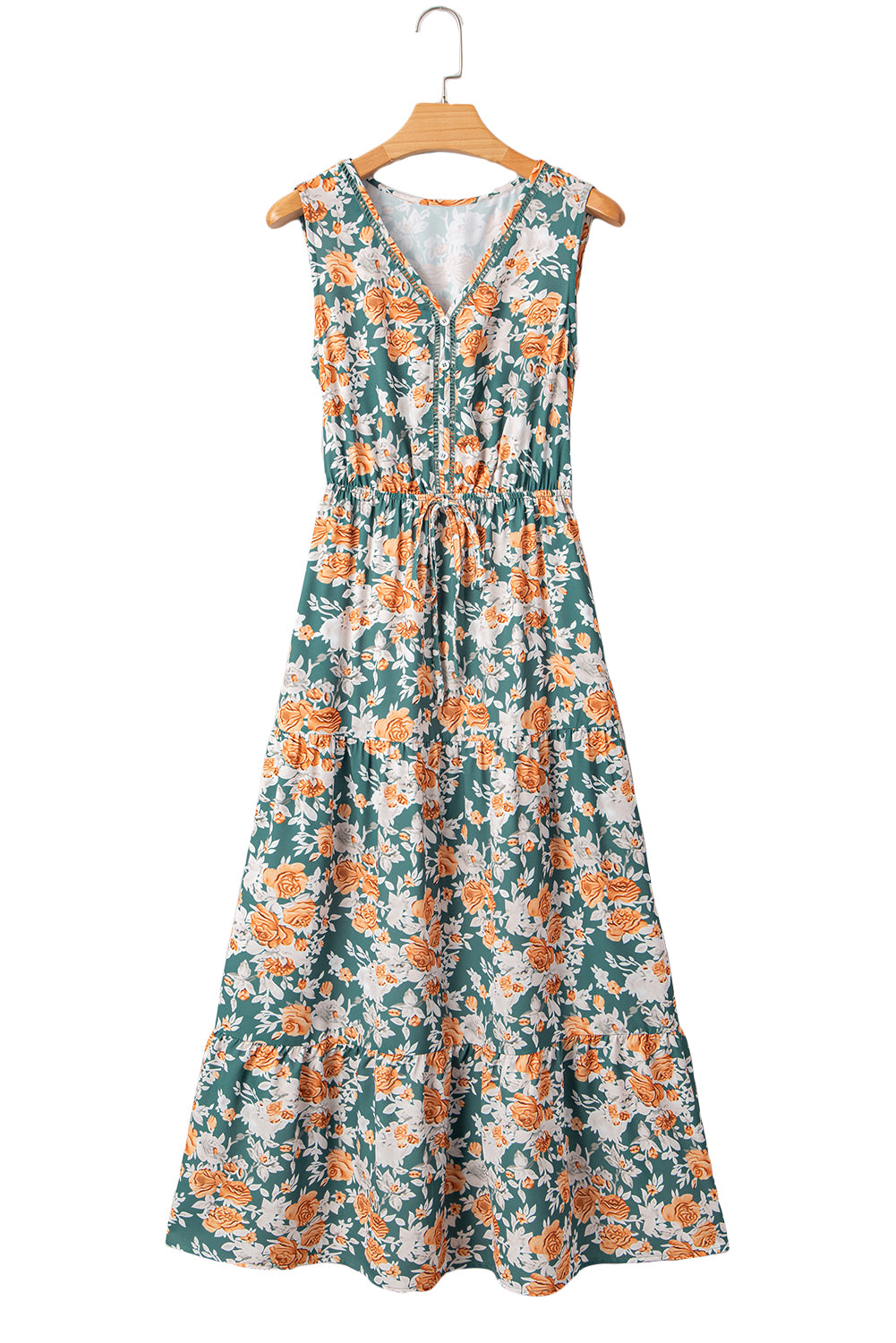 KaleaBoutique Stylish Floral Print Trimmed V Neck Tie Waist Sleeveless Holiday Long Dress - KaleaBoutique.com