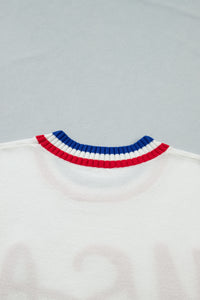 KaleaBoutique Stylish USA Contrast Striped Trim Round Neck Short Sleeve Sweater - KaleaBoutique.com