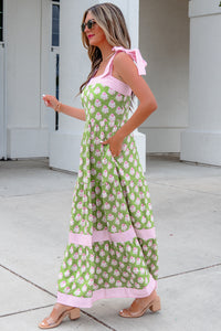 KaleaBoutique Stylish Floral Print Striped Detail Knot Straps Maxi Dress - KaleaBoutique.com