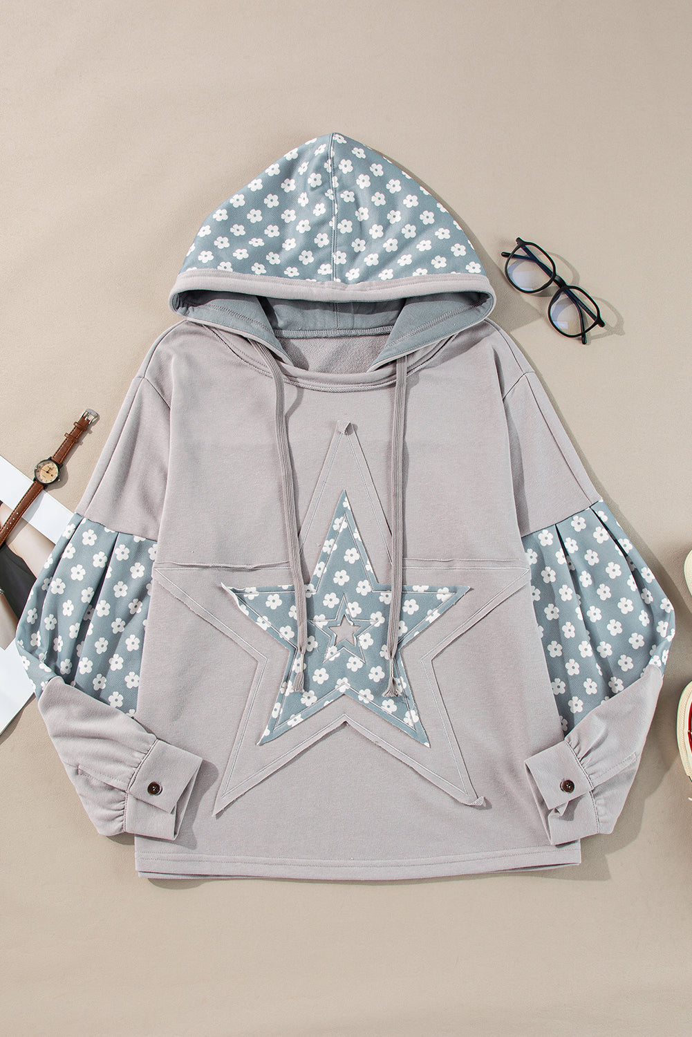 KaleaBoutique Floral Patchwork Star Pattern Drawstring Hoodie - KaleaBoutique.com