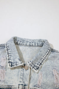 Light Wash Buttoned Chest Pocket Puff Sleeve Denim Jacket - KaleaBoutique.com