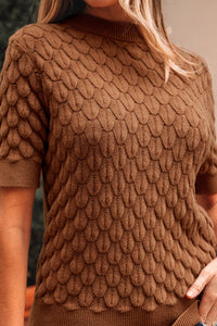 KaleaBoutique Comfortable Fish Scale Textured Knit Ribbed Crew Neck Short Sleeve Sweater - KaleaBoutique.com
