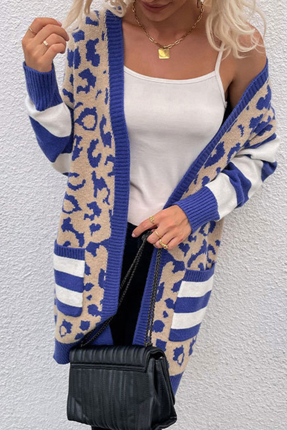 KaleaBoutique Stylish Stripe Sleeve Leopard Print Open Front Cardigan With Pockets - KaleaBoutique.com