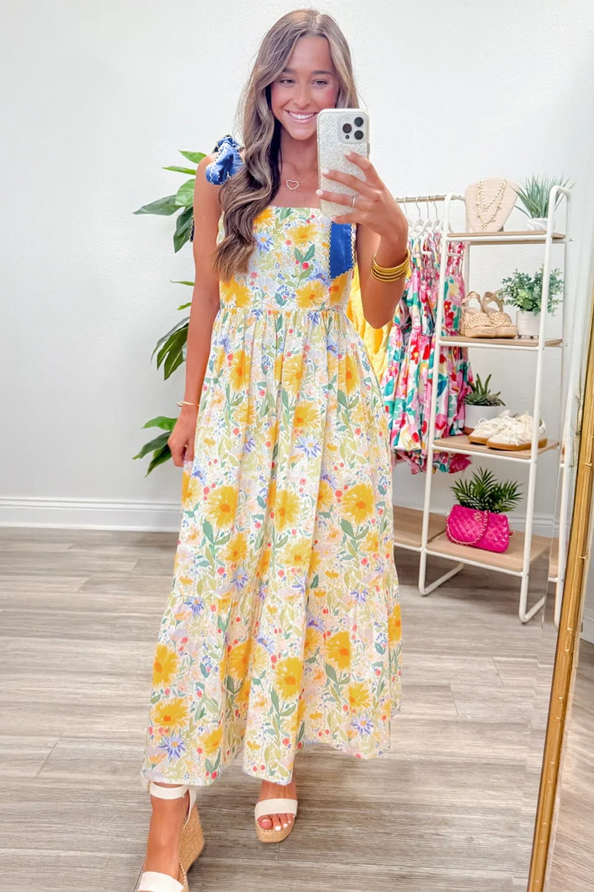 KaleaBoutique Comfortable Floral Print Contrast Stitched Knot Denim Straps High Waist Dress - KaleaBoutique.com