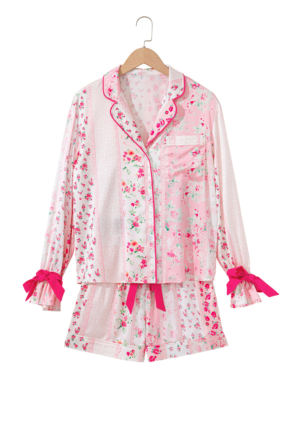 KaleaBoutique Comfortable Mixed Floral Print Contrast Piping Trim Satin Tie 2pcs Pajama Set