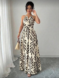 Women's Leaf-Print Beaded Halter Belted Maxi Dress - KaleaBoutique.com