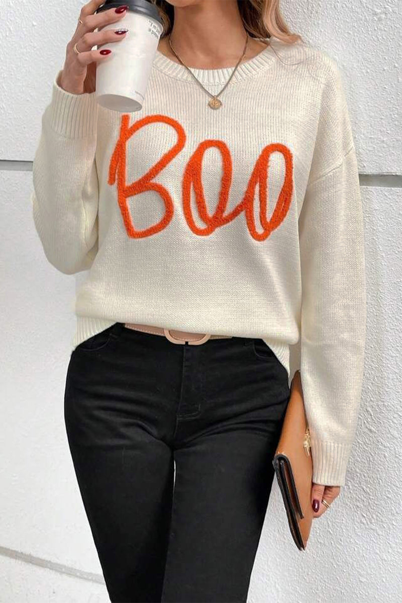 KaleaBoutique Boo Knitted Pattern Ribbed Edge Drop Shoulder Sweater - KaleaBoutique.com