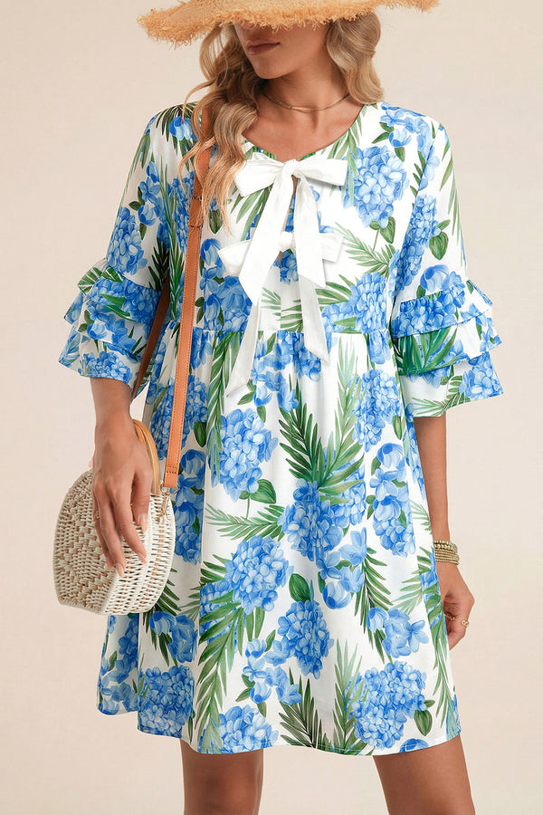 KaleaBoutique Comfortable Palm Floral Print Contrast Ribbon Knot Ruffle Tiered Sleeve Mini Dress - KaleaBoutique.com