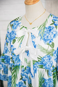 KaleaBoutique Comfortable Palm Floral Print Contrast Ribbon Knot Ruffle Tiered Sleeve Mini Dress - KaleaBoutique.com