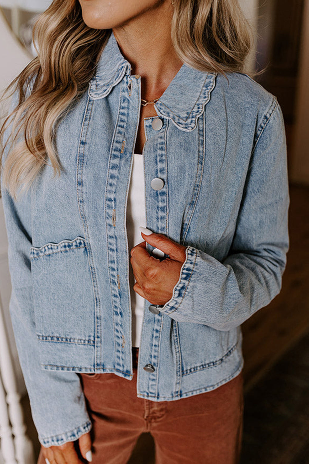 Scallop Trim Collar Patched Pocket Button Up Mineral Washed Denim Jacket - KaleaBoutique.com