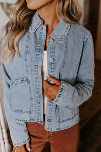 Scallop Trim Collar Patched Pocket Button Up Mineral Washed Denim Jacket - KaleaBoutique.com