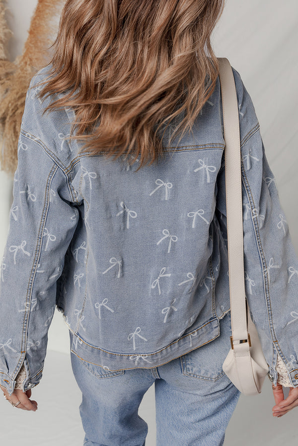 Bow Knot Print Light Wash Raw Hem Denim Jacket - KaleaBoutique.com
