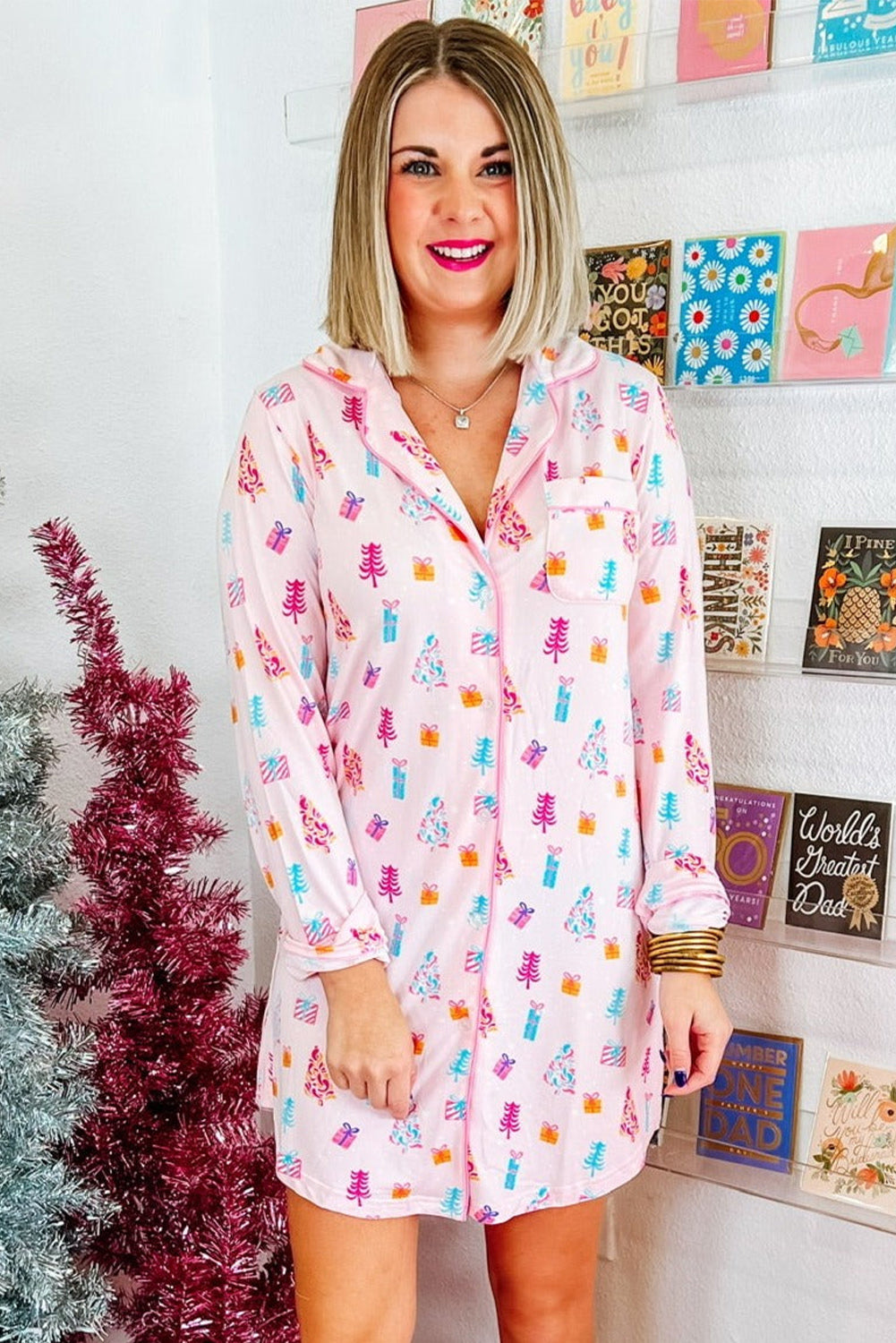 KaleaBoutique Comfortable Christmas Twinkle Tree Print Shirt Sleep Dress - KaleaBoutique.com