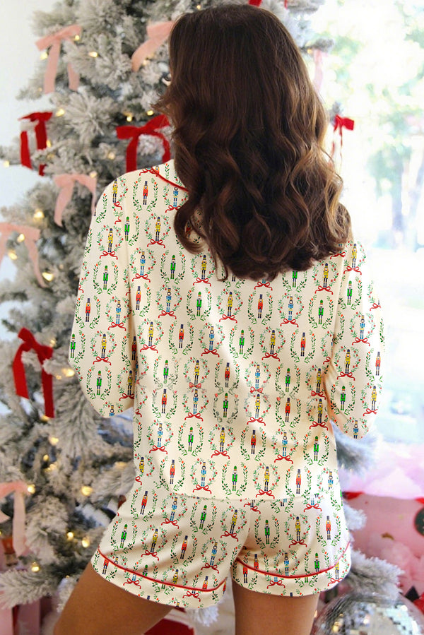 KaleaBoutique Stylish Nutcracker Print Contrast Trim Tied up Bow Silky 2pcs Pajama Set - KaleaBoutique.com