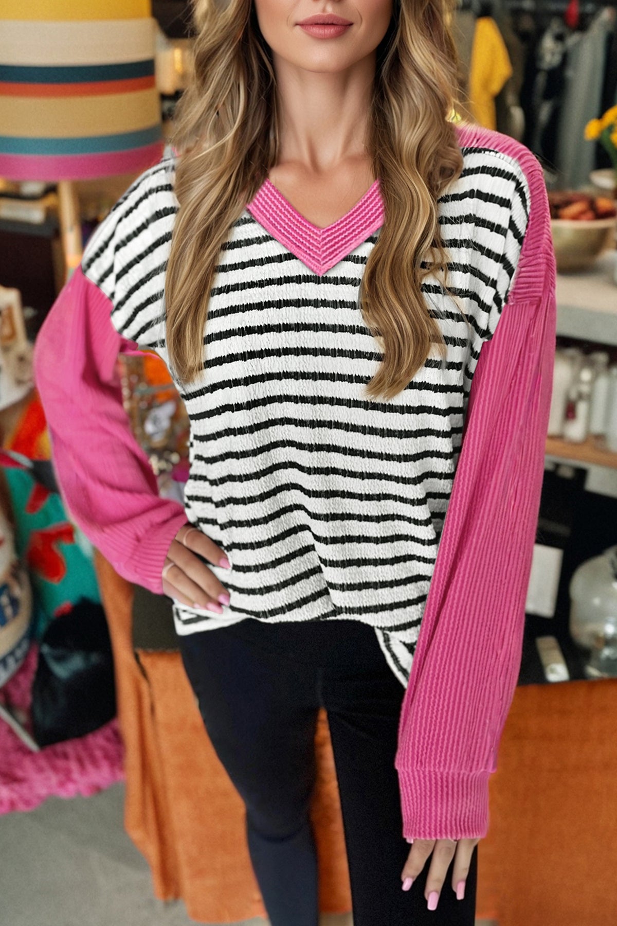 Textured Knit Twisted Rib Contrast Patchwork V Neck Long Sleeve Top - KaleaBoutique.com