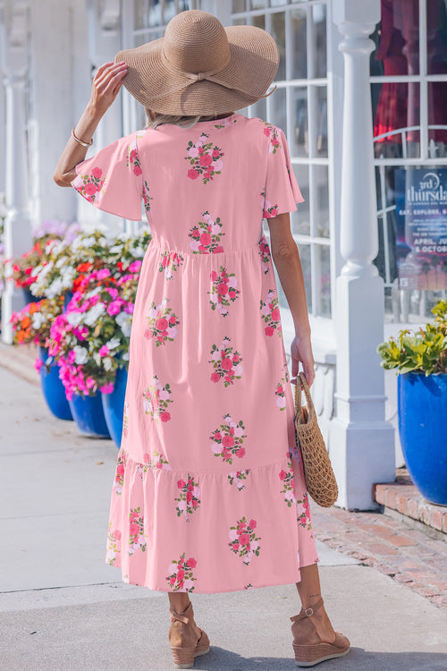 KaleaBoutique Comfortable Notched Neck Flutter Short Sleeve Floral Print Maxi Dress - KaleaBoutique.com