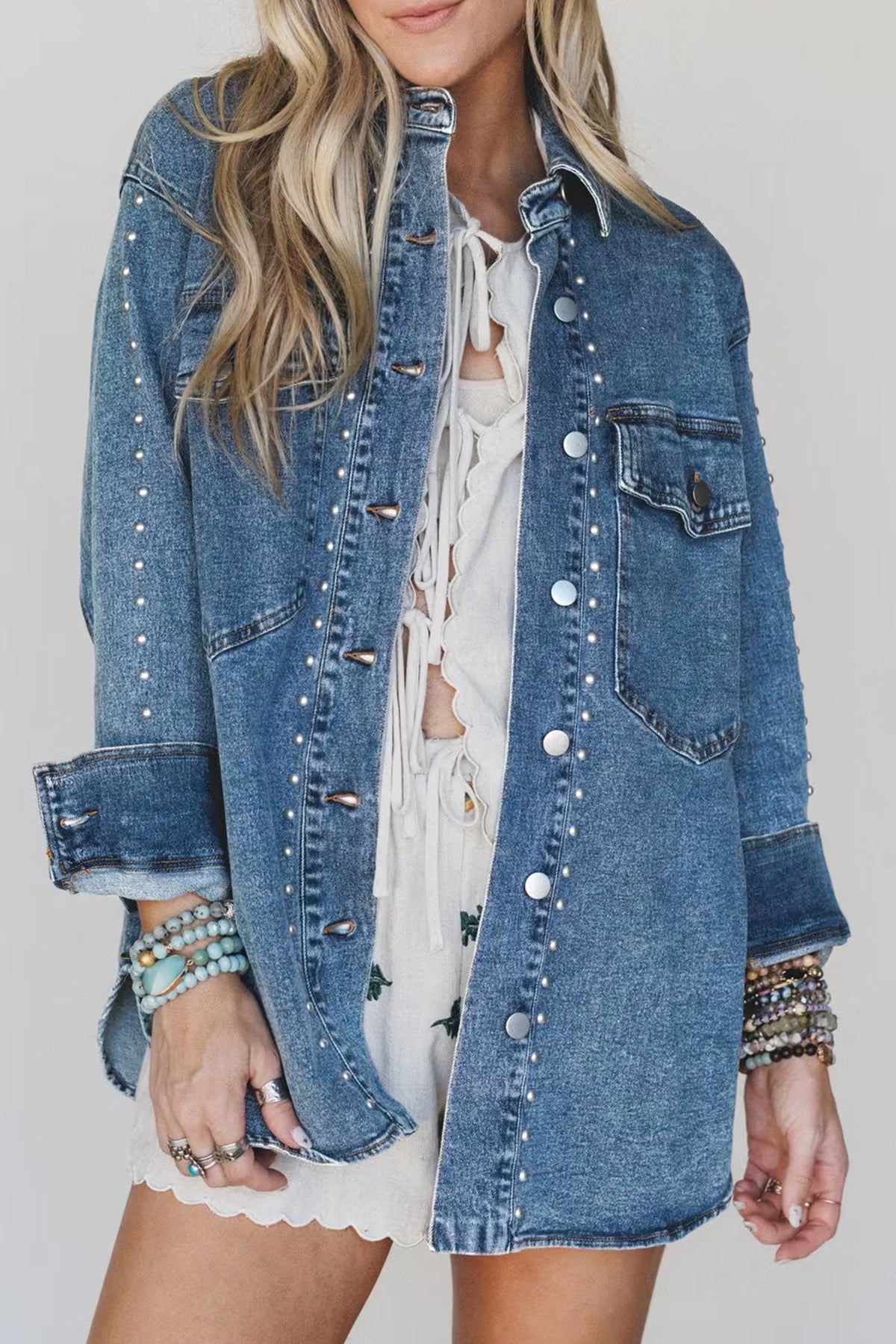 Rivet Embellished Western Style Regular Fit Long Sleeve Denim Jacket - KaleaBoutique.com