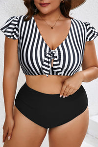 KaleaBoutique Stylish Plus Size Knot Cutout Ruffle Sleeve and High Waisted 2pcs Swimsuit - KaleaBoutique.com
