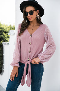 Women's V-Neck Tie-Front Top with Sheer Dotted Sleeves - KaleaBoutique.com