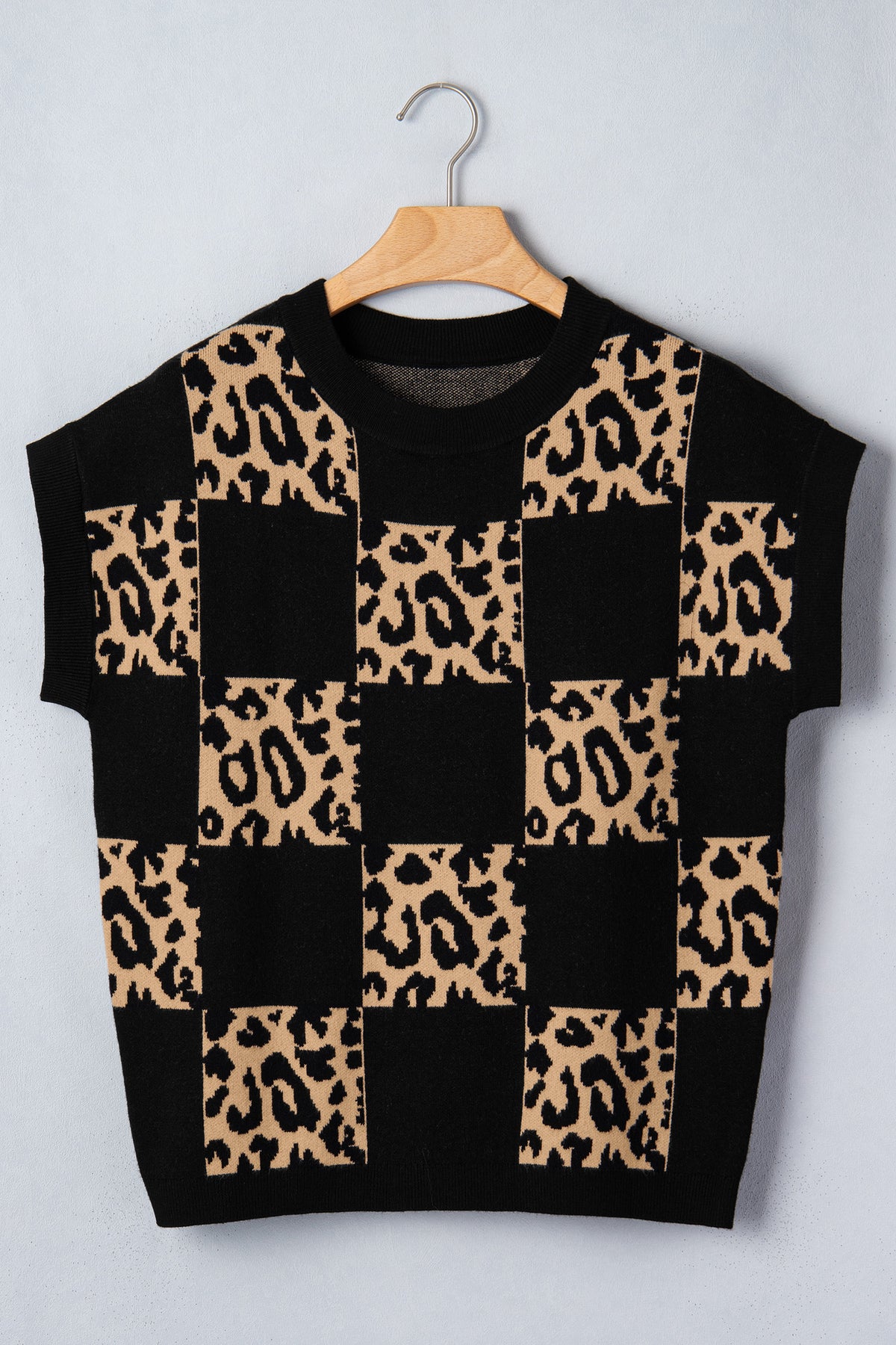 KaleaBoutique Stylish Leopard Checkerboard Short Sleeve Knit Sweater - KaleaBoutique.com