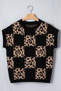 KaleaBoutique Stylish Leopard Checkerboard Short Sleeve Knit Sweater - KaleaBoutique.com