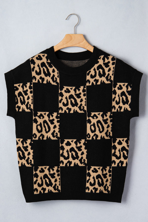 KaleaBoutique Stylish Leopard Checkerboard Short Sleeve Knit Sweater - KaleaBoutique.com