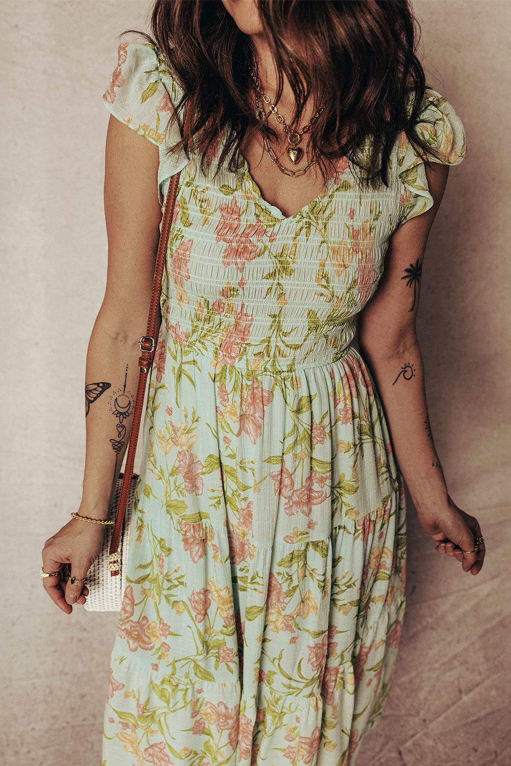 Smocked Bodice Ruffled Sleeveless Tiered Floral Maxi Dress - KaleaBoutique.com
