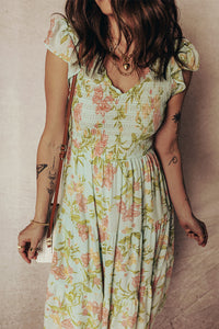 Smocked Bodice Ruffled Sleeveless Tiered Floral Maxi Dress - KaleaBoutique.com