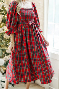 KaleaBoutique Stylish Plaid Square Neck Puff Sleeve Knot Waist Flared Midi Dress - KaleaBoutique.com