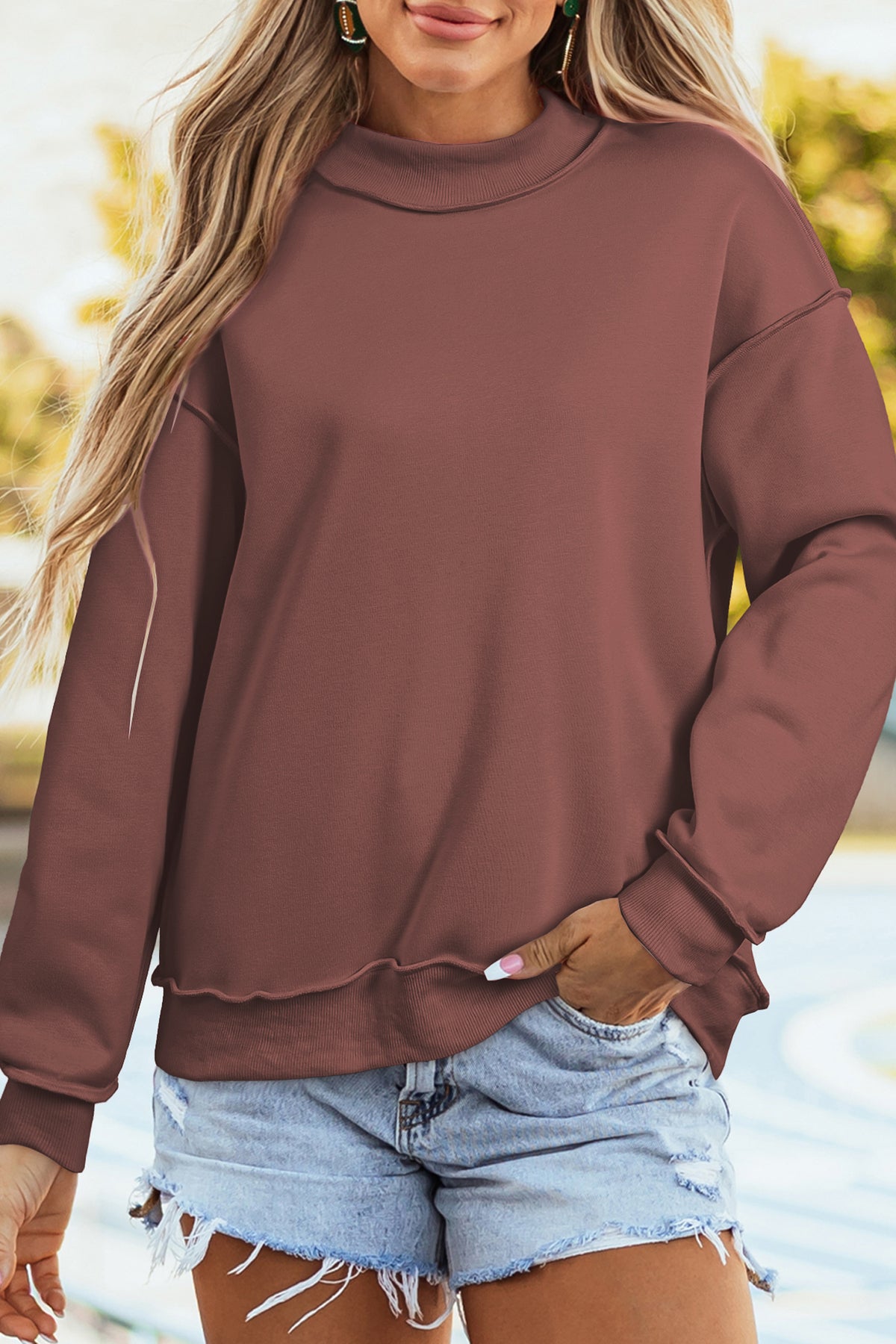 KaleaBoutique Stylish Oversize Drop Shoulder Reversible Mock Neck Sweatshirt - KaleaBoutique.com