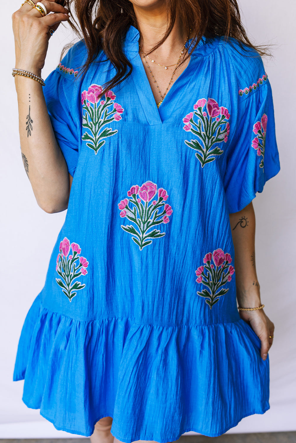 KaleaBoutique Stylish Flower Embroidered Split Neck Short Puff Sleeve Ruffle Hem Dress - KaleaBoutique.com