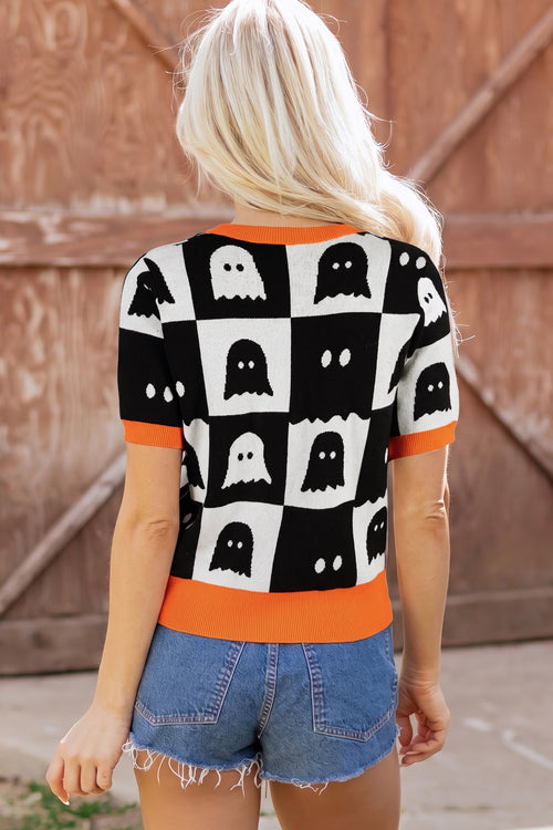 KaleaBoutique Stylish Geometric Ghost Color Block Trim Short Sleeve Knit Sweater - KaleaBoutique.com