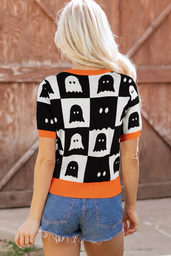 KaleaBoutique Stylish Geometric Ghost Color Block Trim Short Sleeve Knit Sweater - KaleaBoutique.com