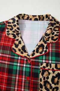 KaleaBoutique Stylish Retro Plaid Leopard Print Patchwork Long Sleeve Shorts Pajama Set - KaleaBoutique.com