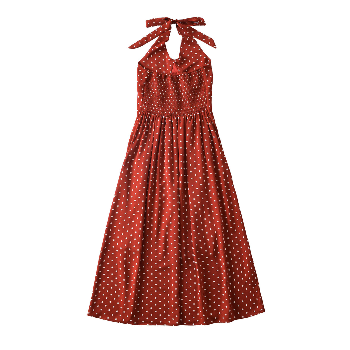 Women's Polka-Dot Tie-Halter Smocked-Back Midi Dress - KaleaBoutique.com