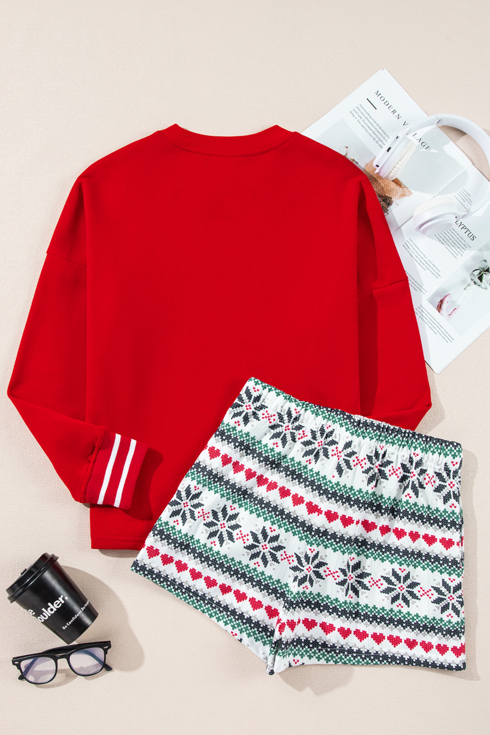 KaleaBoutique Stylish SLEIGH Snowflake Print Long Sleeve Wide Leg Lounge Set - KaleaBoutique.com