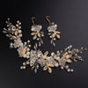3 PC Bride Flower Pearl Gem Hair Jewelry Set, Rhinestone Crystal Boho Wedding Hair Vine Gold Headpiece, Bridal Headband and Earrings Set - KaleaBoutique.com