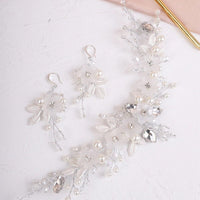 3 PC Bride Flower Pearl Gem Hair Jewelry Set, Rhinestone Crystal Boho Wedding Hair Vine Gold Headpiece, Bridal Headband and Earrings Set - KaleaBoutique.com