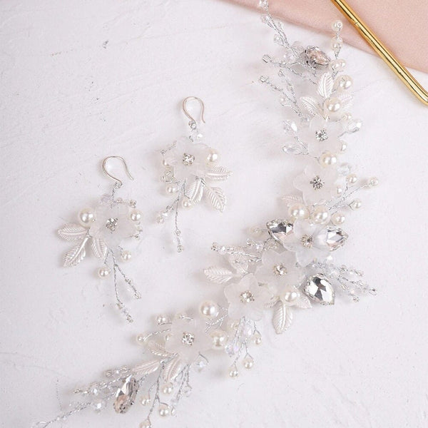 3 PC Bride Flower Pearl Gem Hair Jewelry Set, Rhinestone Crystal Boho Wedding Hair Vine Gold Headpiece, Bridal Headband and Earrings Set - KaleaBoutique.com