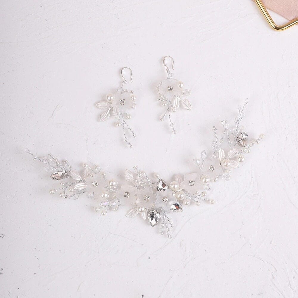 3 PC Bride Flower Pearl Gem Hair Jewelry Set, Rhinestone Crystal Boho Wedding Hair Vine Gold Headpiece, Bridal Headband and Earrings Set - KaleaBoutique.com