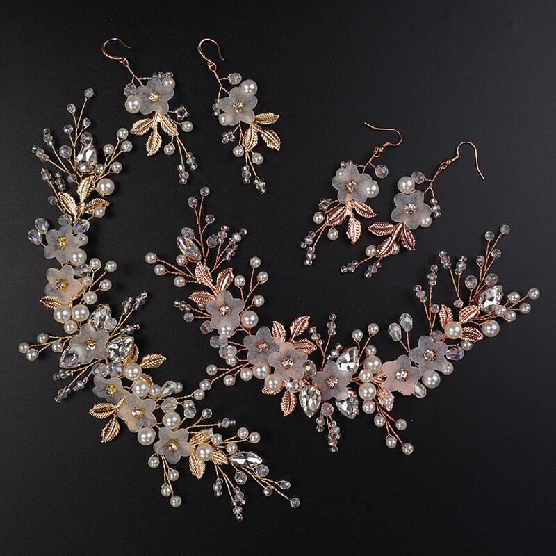 3 PC Bride Flower Pearl Gem Hair Jewelry Set, Rhinestone Crystal Boho Wedding Hair Vine Gold Headpiece, Bridal Headband and Earrings Set - KaleaBoutique.com