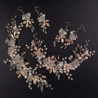 3 PC Bride Flower Pearl Gem Hair Jewelry Set, Rhinestone Crystal Boho Wedding Hair Vine Gold Headpiece, Bridal Headband and Earrings Set - KaleaBoutique.com