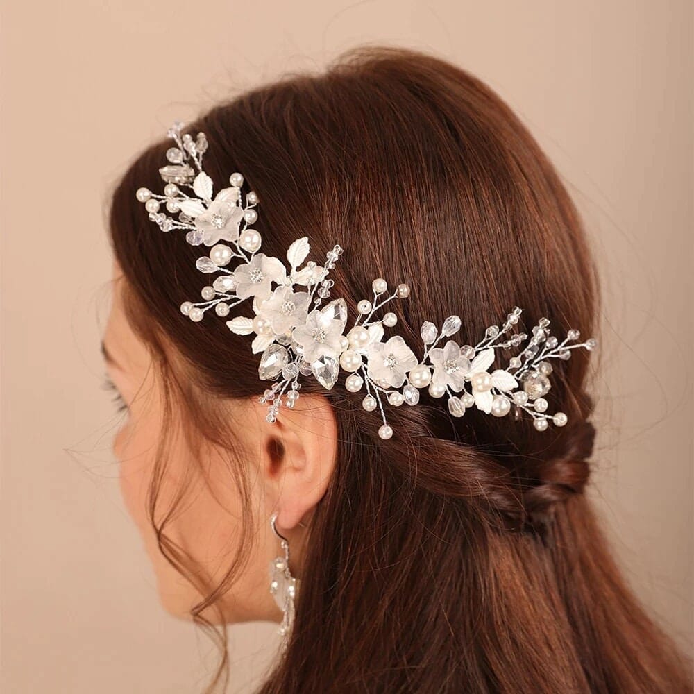 3 PC Bride Flower Pearl Gem Hair Jewelry Set, Rhinestone Crystal Boho Wedding Hair Vine Gold Headpiece, Bridal Headband and Earrings Set - KaleaBoutique.com